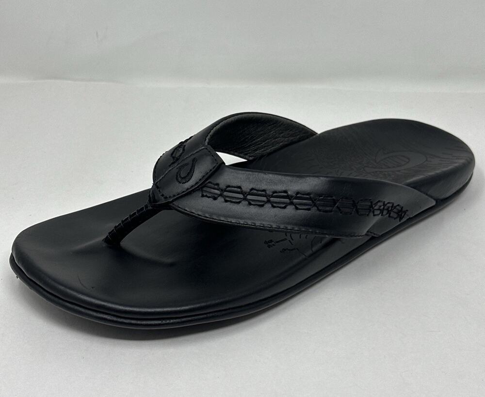 Olukai Honoli’i Men 10 Black Leather Flip Flop Thong Sandals 10433-4040 Comfort
